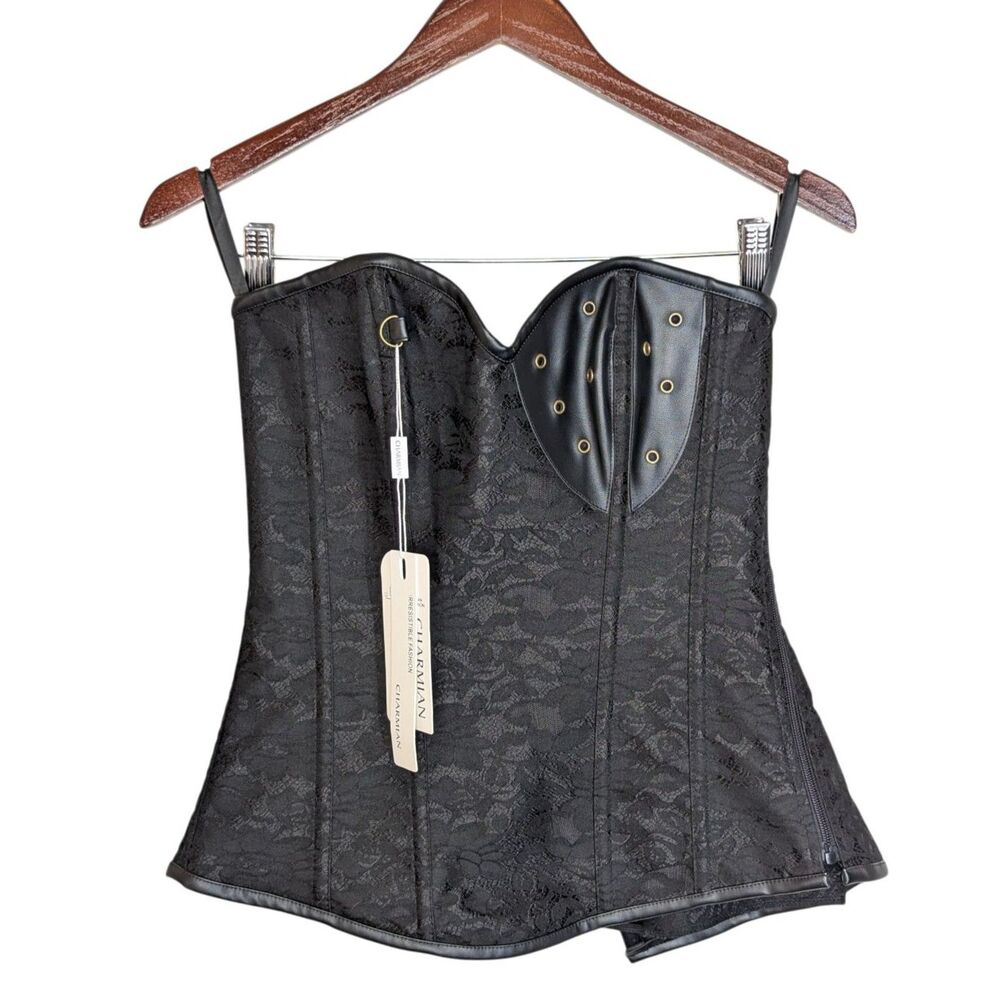 NWT Charmain Black Over Bust Gothic Steampunk Corset Sz L Lace Faux Leather Dark